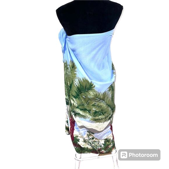 Koko Knot Tropical OSFA Wrap Blue Palm Trees Fringe Trimmed Vacation Beach - Picture 1 of 10